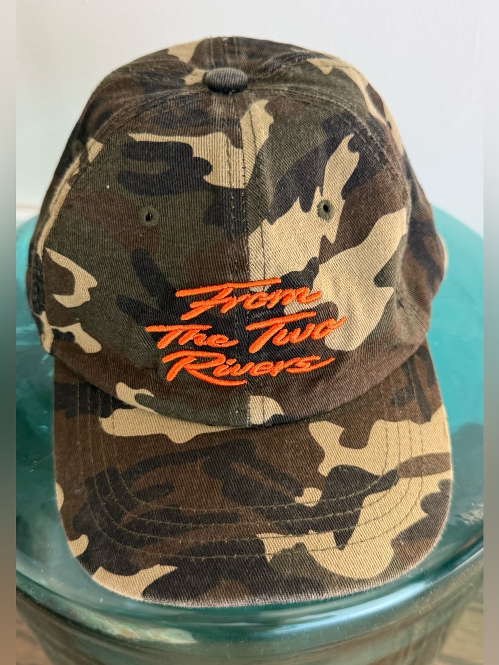 Ancient Camo Baseball Cap with Orange Script Embroidery